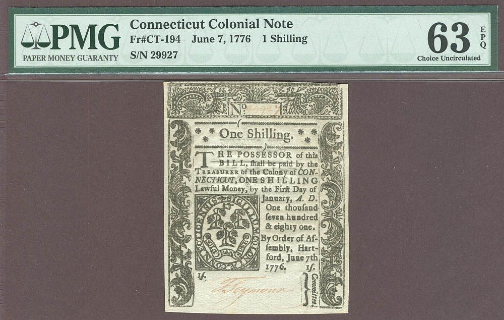 Connecticut, June 7, 1776, 1 Shilling, Choice CU